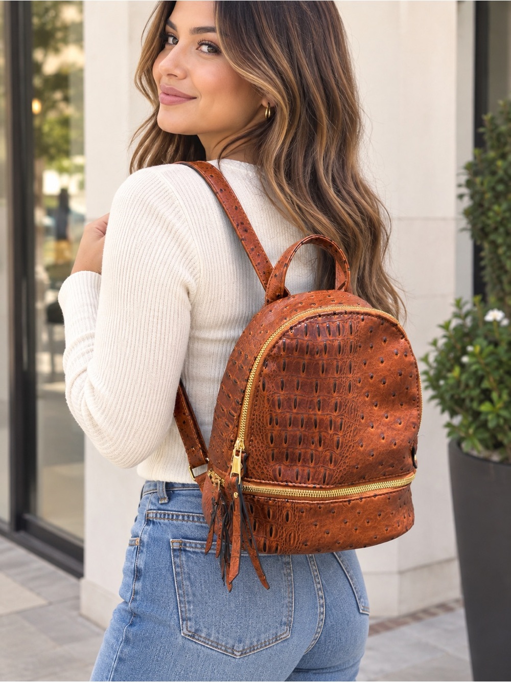 Chic Classy Brown Crocodile Ostrich Print Backpack with Matching Mini Coin Purse